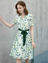 Green Leaf Print Shirt Dress with Satin Belt