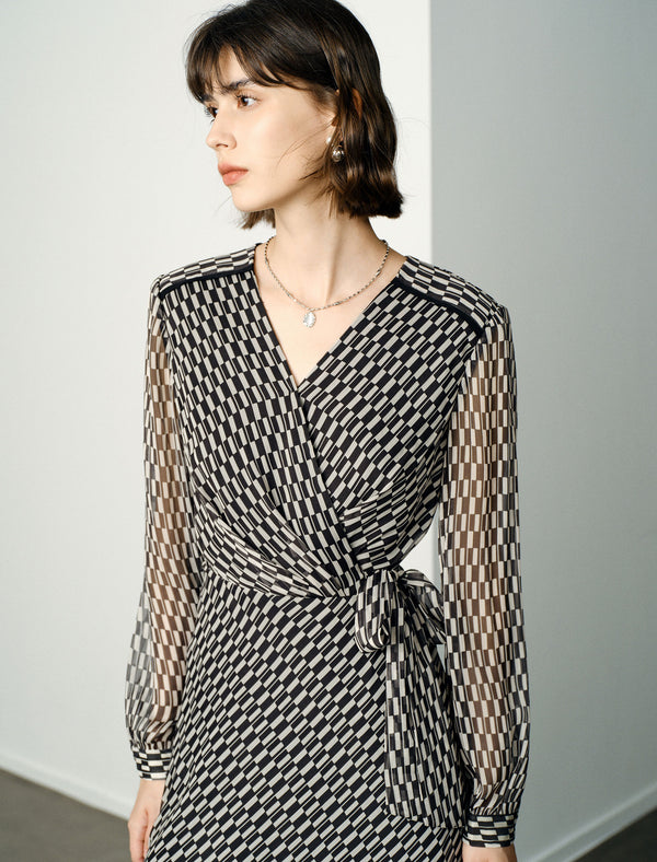 Checkered Wrap V-Neck Midi Dress