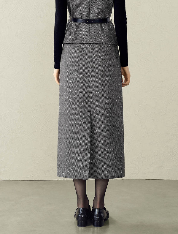 Gray Herringbone Wool-Blend Tweed Midi Skirt