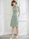 Sage Green Belted Sleeveless Midi Sheath Dress