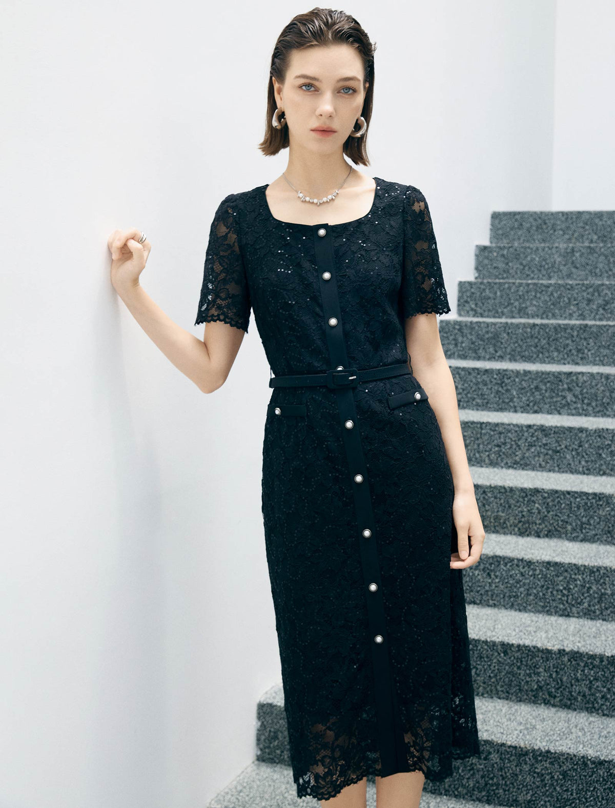 Black Lace Pearl Button Midi Dress
