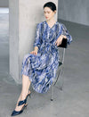 Abstract Floral Print Belted Long Sleeve Midi Dress