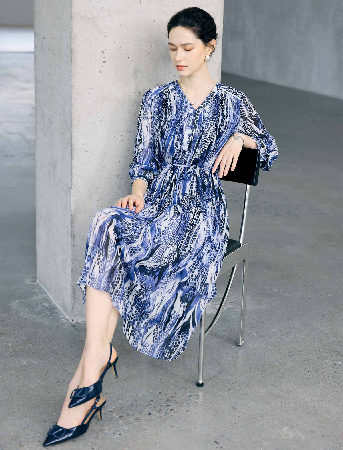 Abstract Floral Print Belted Long Sleeve Midi Dress