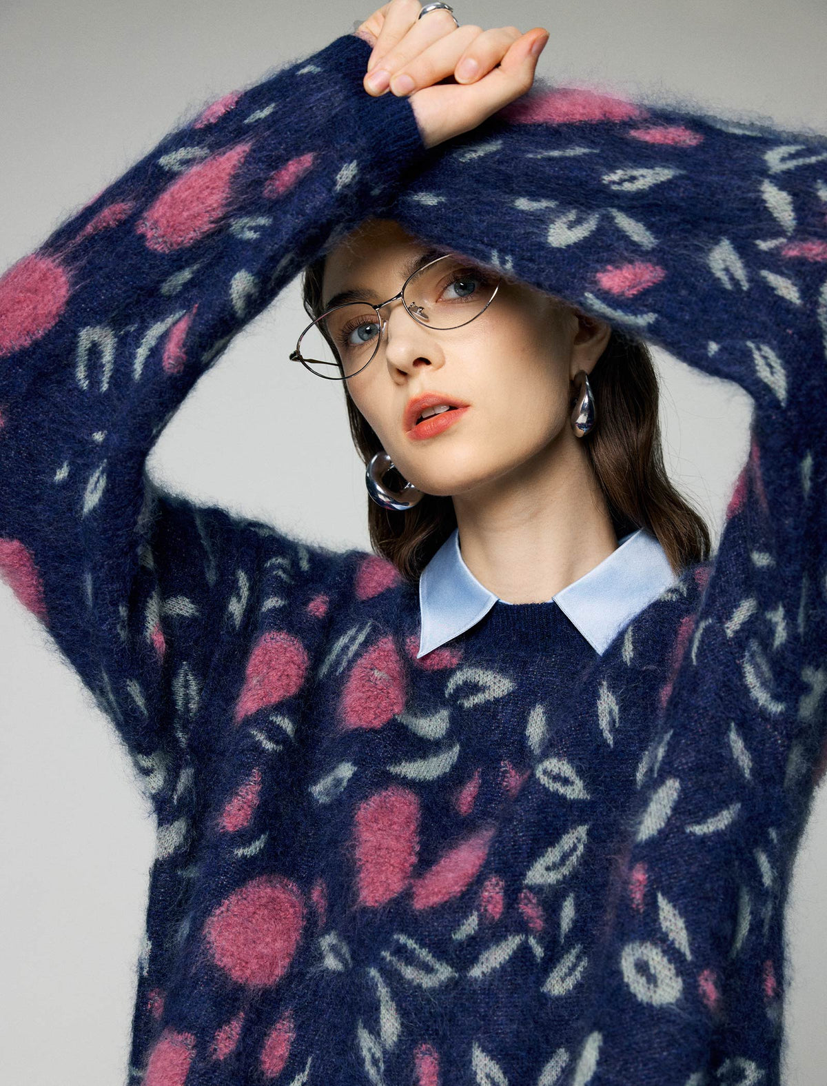 Wool and Mulberry Silk Blend Floral Jacquard Crewneck Relaxed Sweater