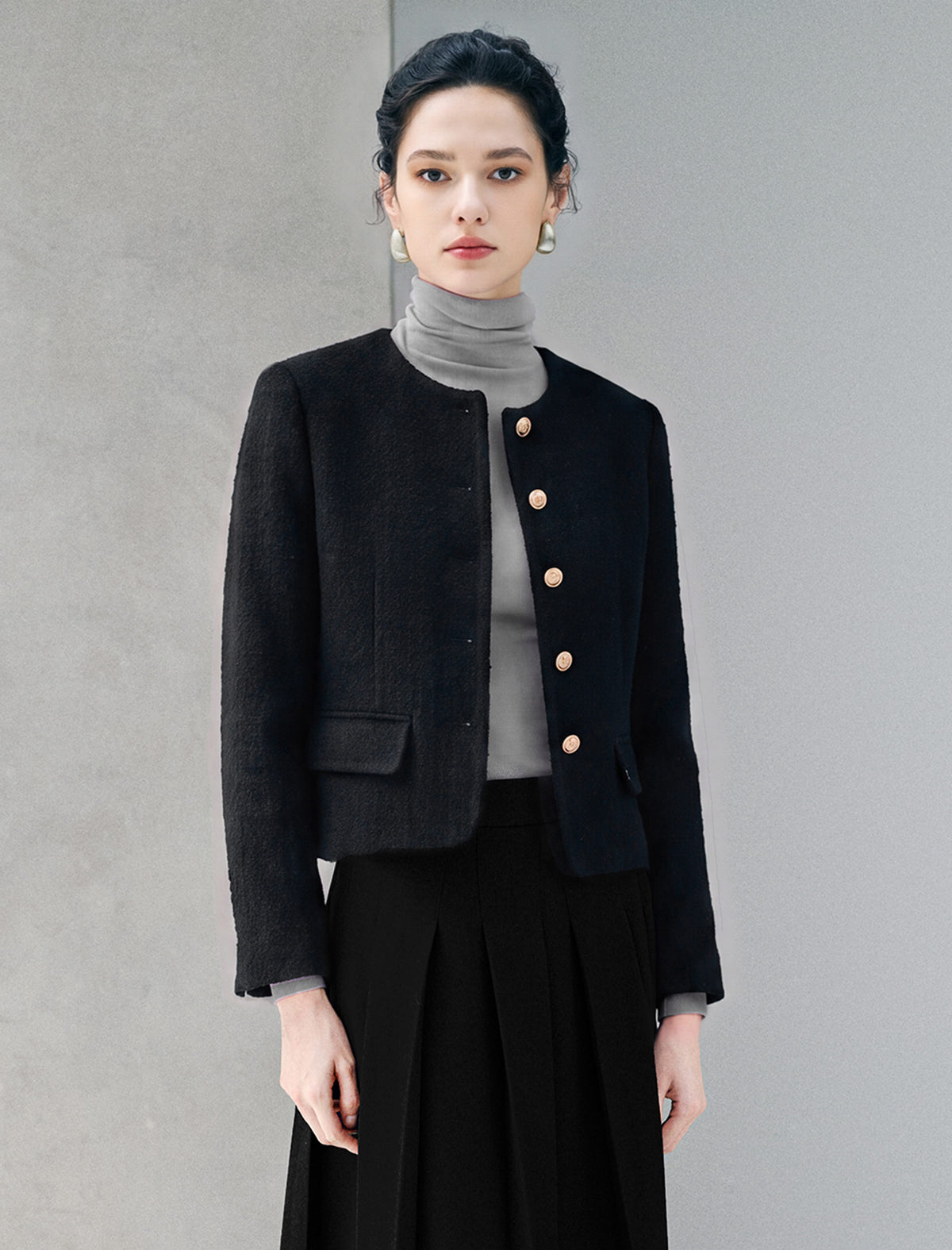 Wool Blend Round Neck Metal Button Cropped Jacket
