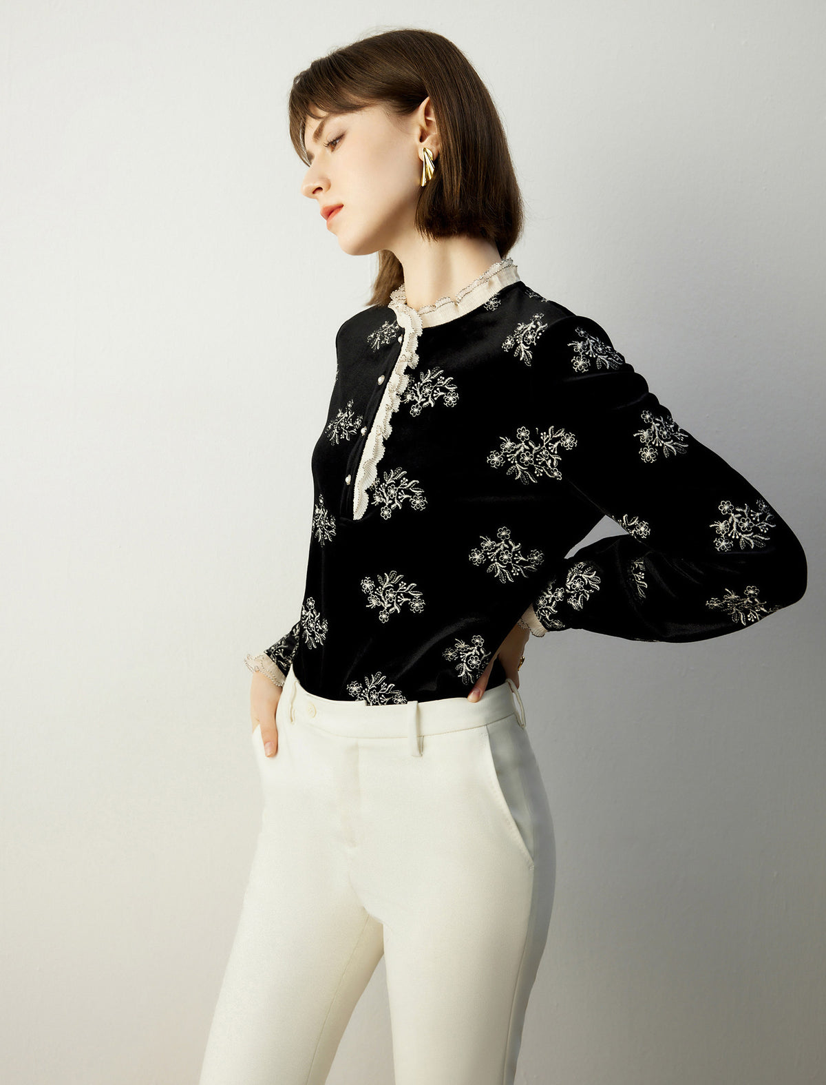 Floral Long-Sleeve Blouse with Lace Trim