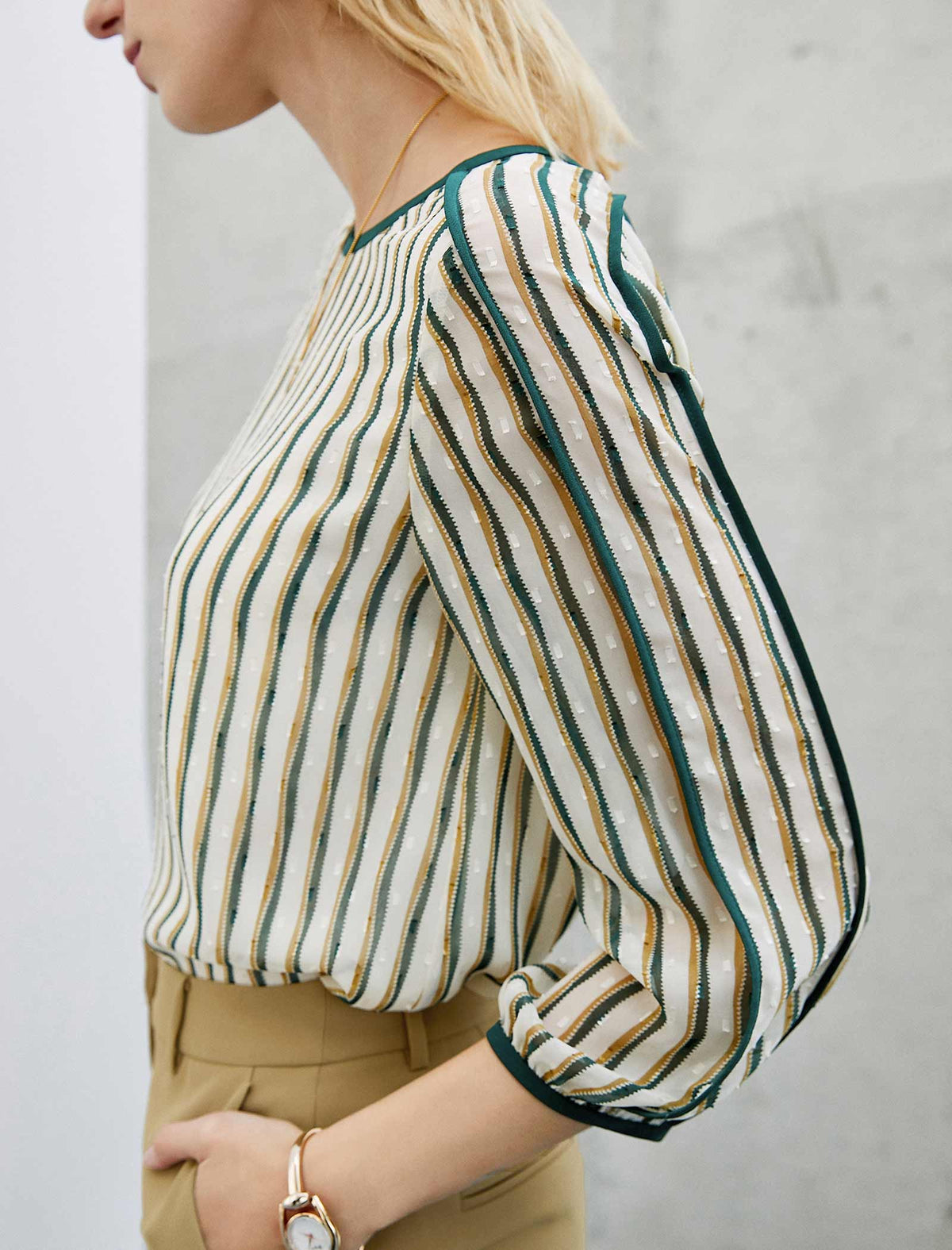 Crew Neck Striped 3/4 Sleeve Top