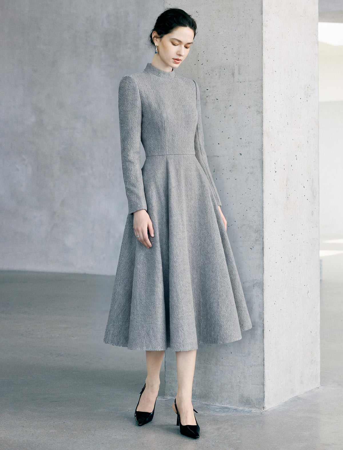 Mock Neck Long Sleeve A-Line Midi Dress
