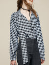 100% Mulberry Silk Houndstooth Tie-Neck Blouse