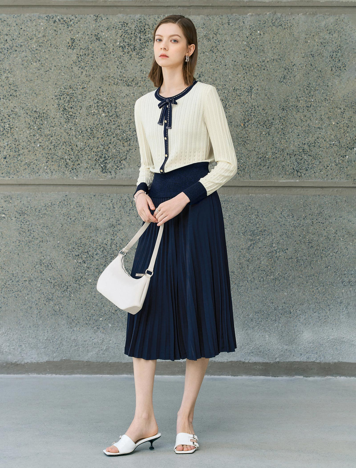 Navy Pleated High Waist Swing A-Line Skirt