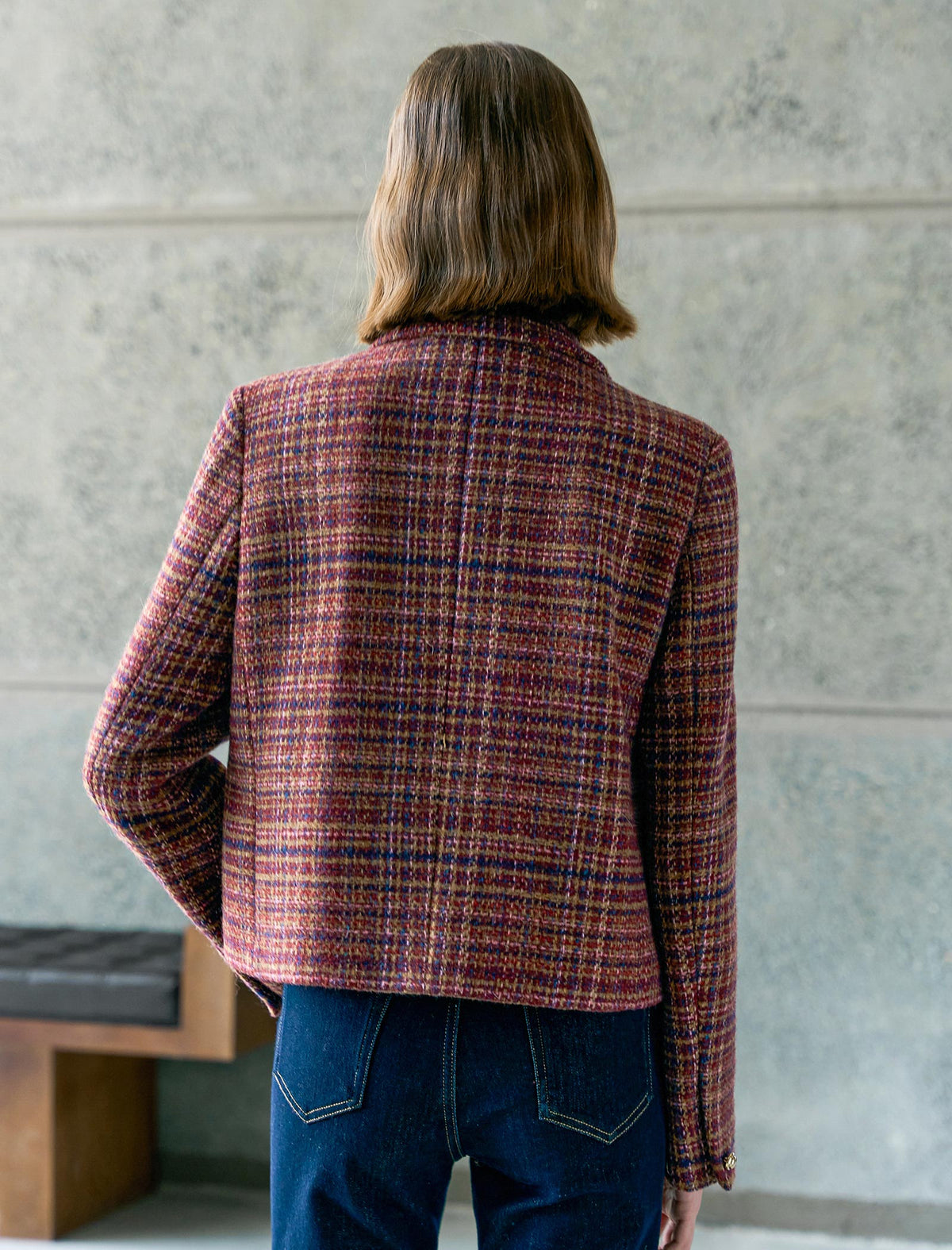 Wool Red Plaid Lapel Short Coat
