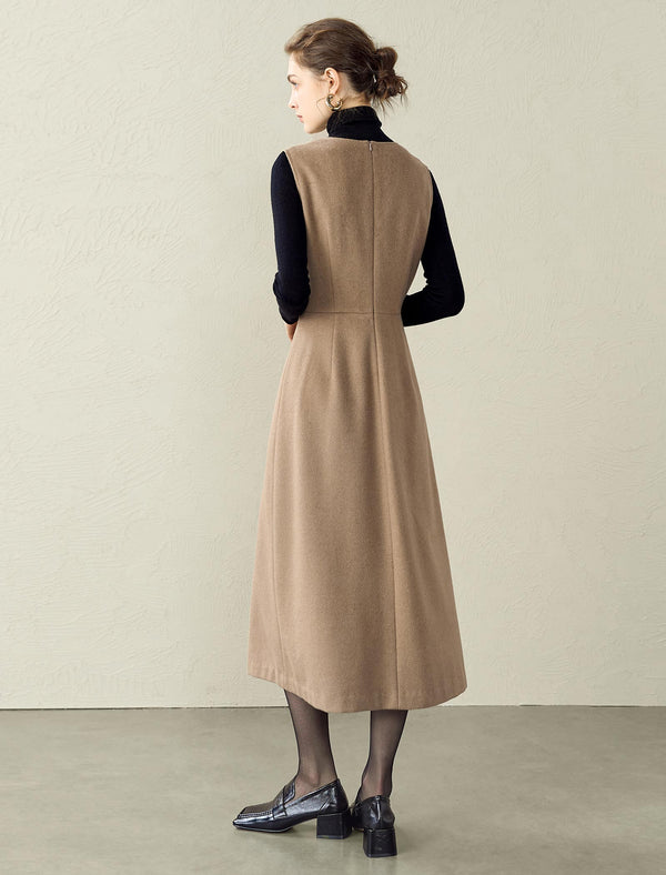 Camel Wool-Blend Sleeveless Midi Dress