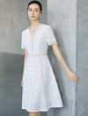White Geometric Lace V-Neck Short Sleeve Fit And Flare Midi Dress