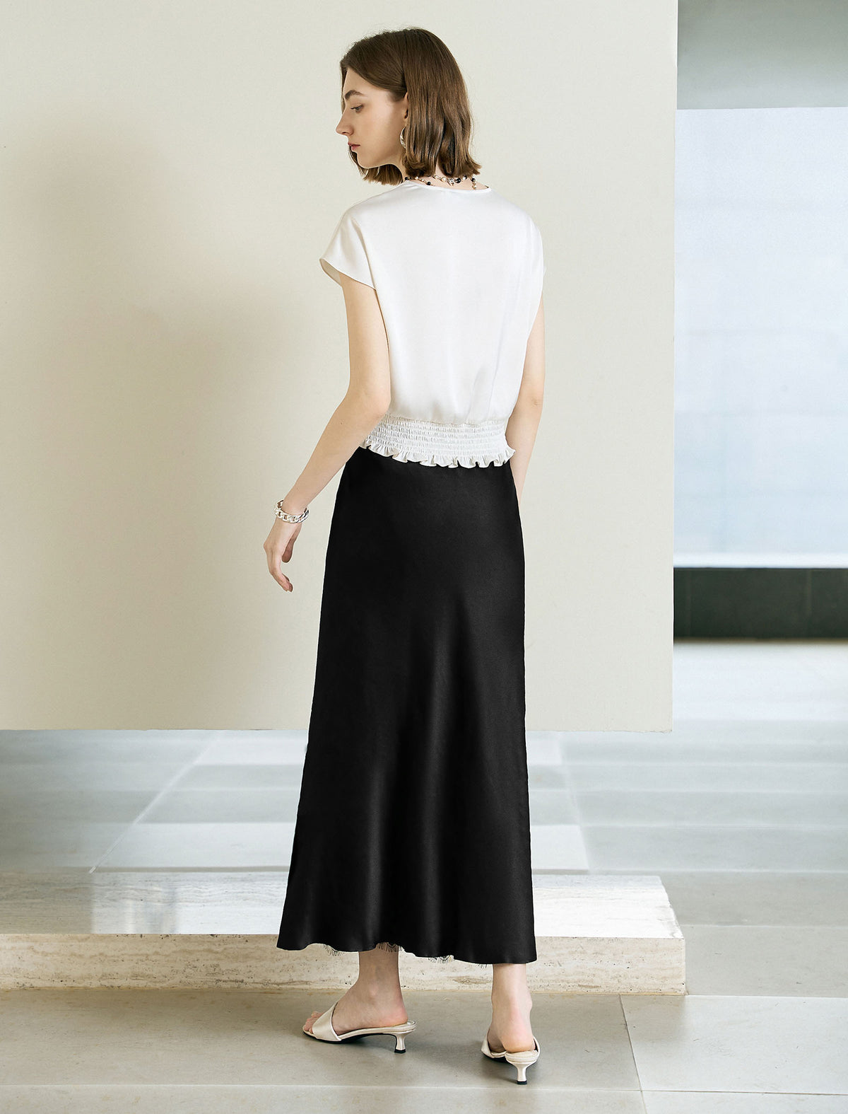Solid Color Lace Hem Midi Skirt