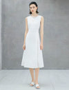 White Boat Neck Sleeveless Lace Slit Waist-Fitted Midi Dress