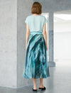 Green Blue Watercolor Print Chiffon Midi Skirt