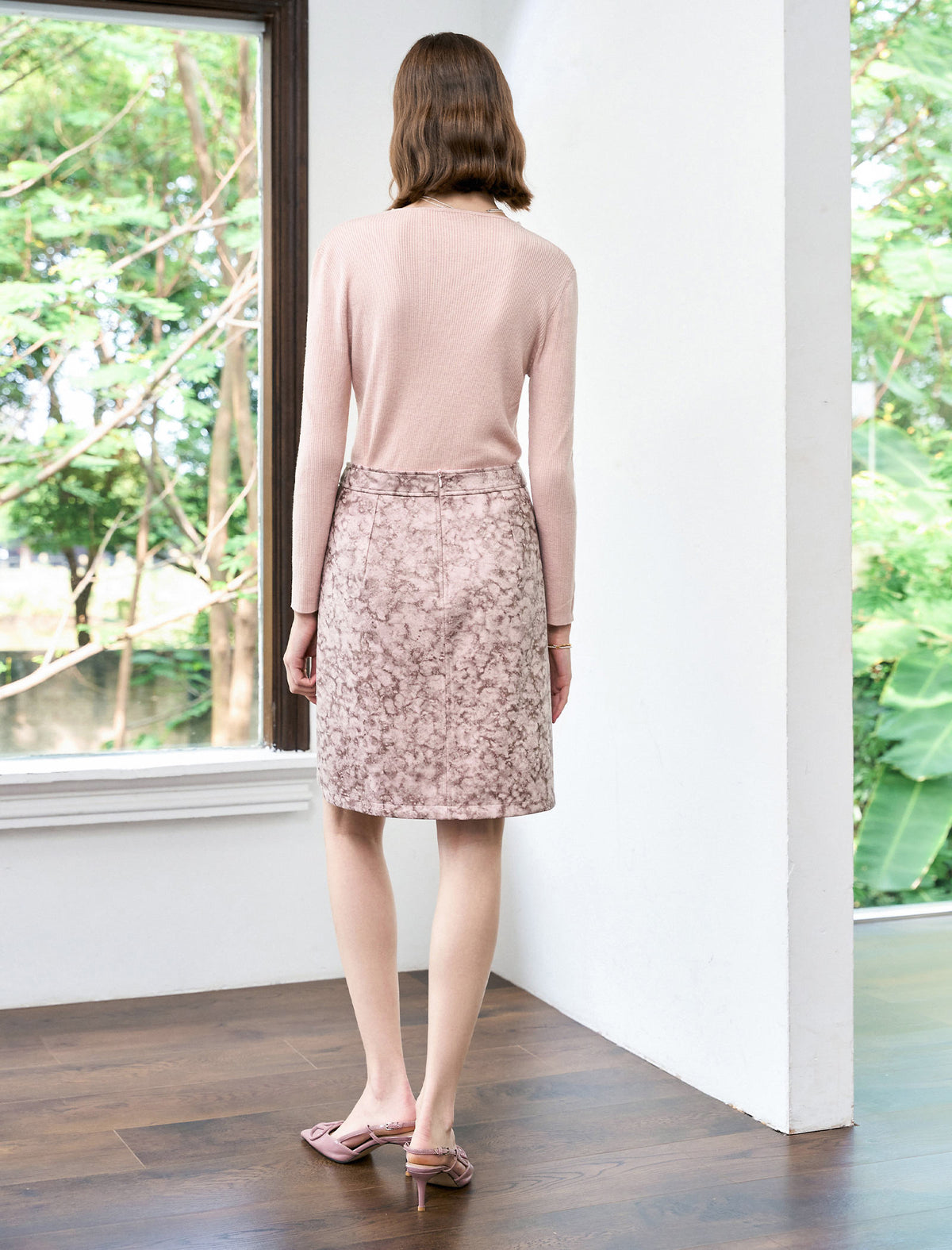Notched Collar Full Button Long Sleeve Rib Knit Top