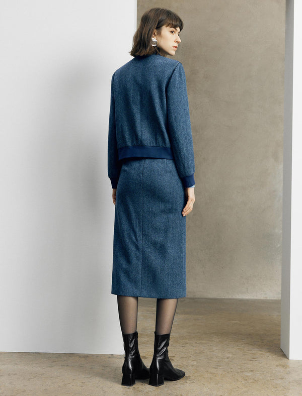 Herringbone Wool Side Slit Midi Skirt