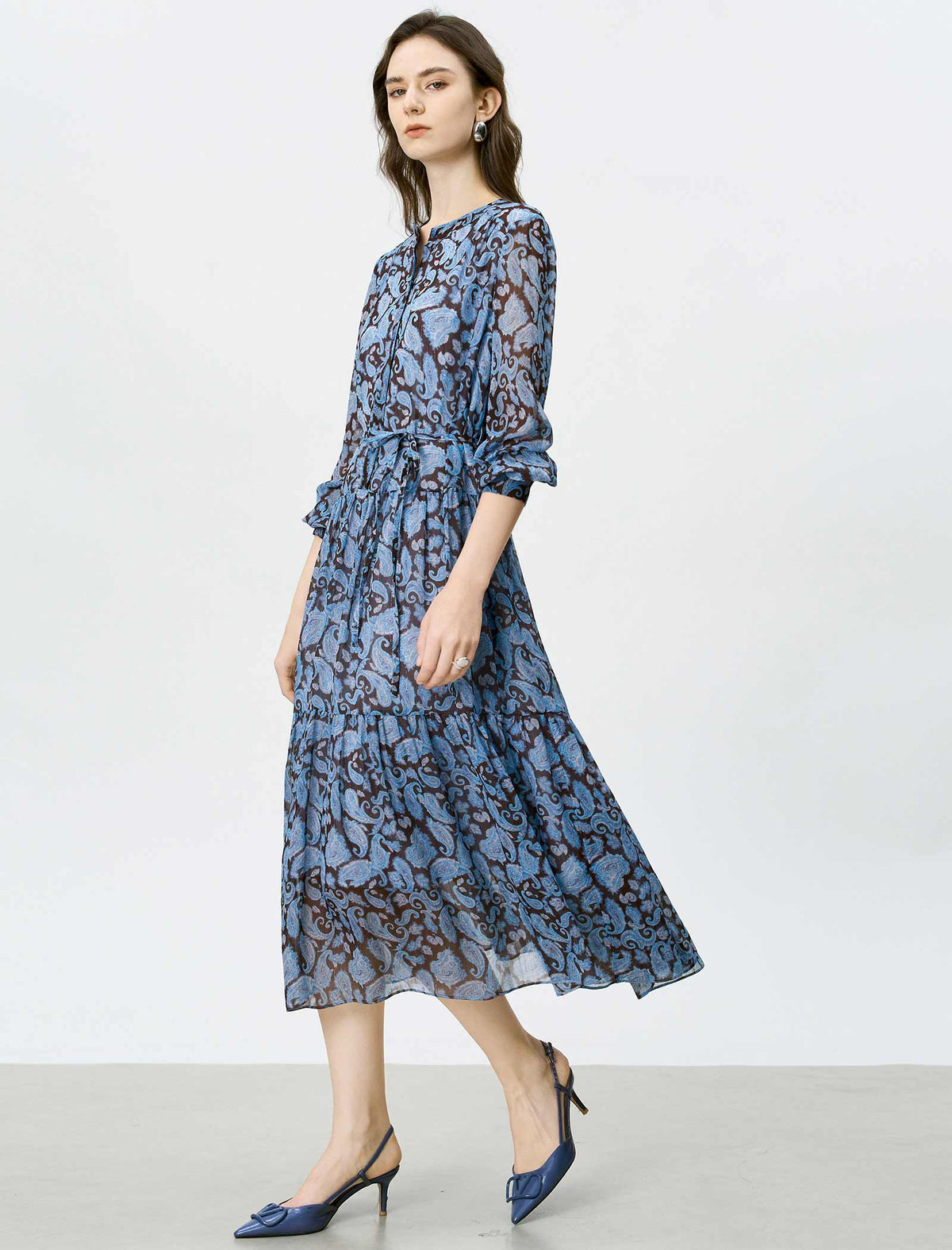 Blue Paisley Tiered Midi Dress