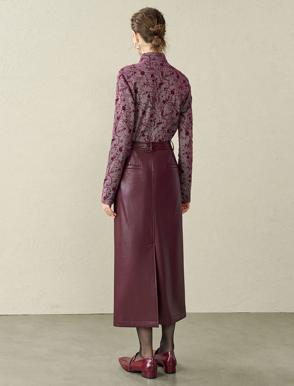 Burgundy Floral Lace Mock Neck Top