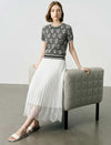 White Pleated Lace-Hem Midi Skirt