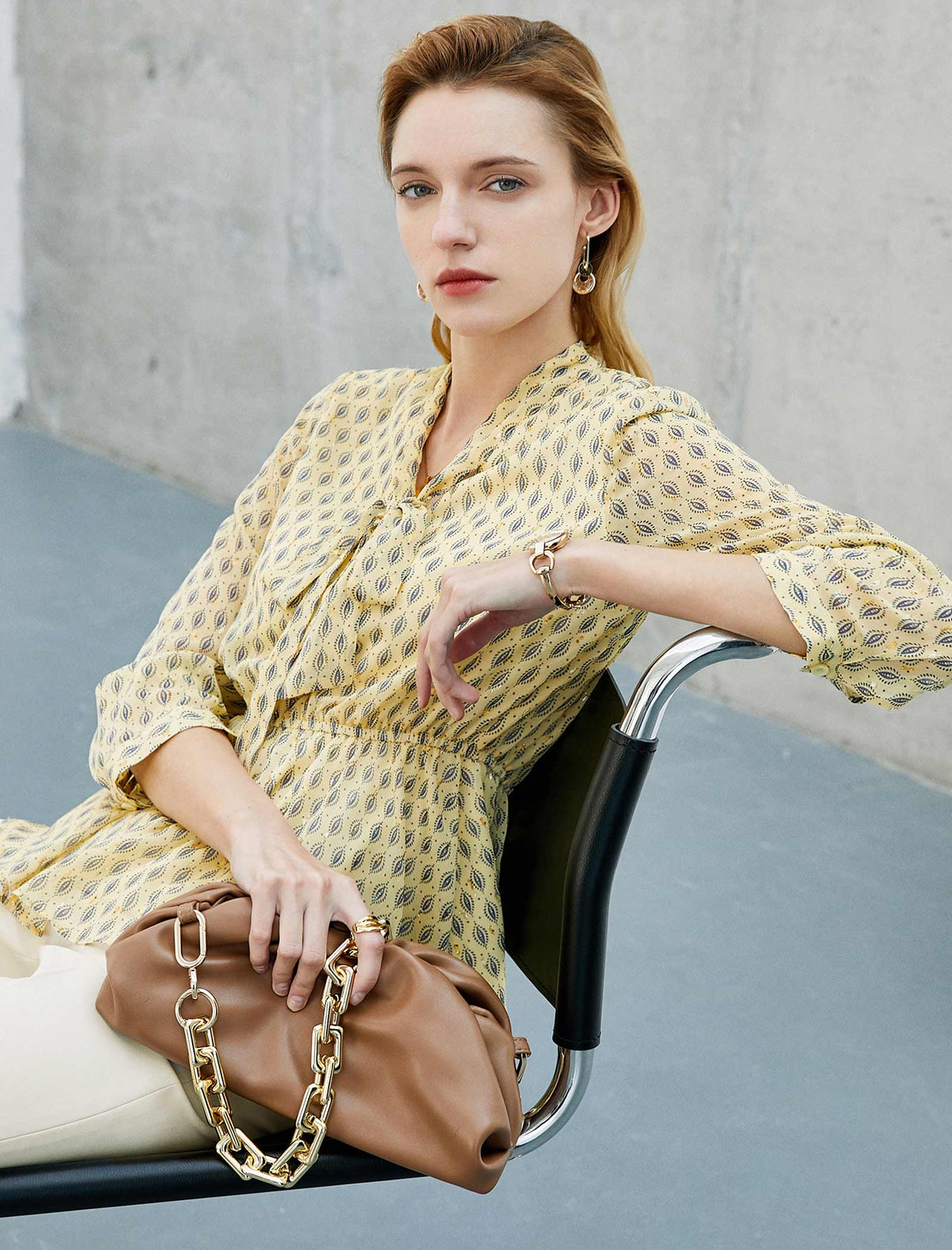 Leaf Print Peplum Tie Neck Blouse