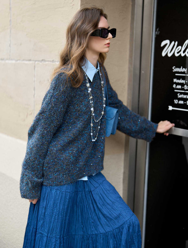 Marled Yarn Speckled Glitter 100% Wool Sweater