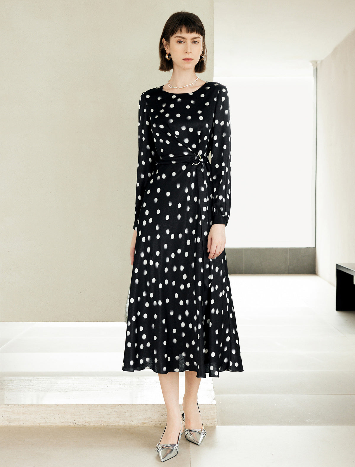 Black Polka Dot Long Sleeve Midi Dress