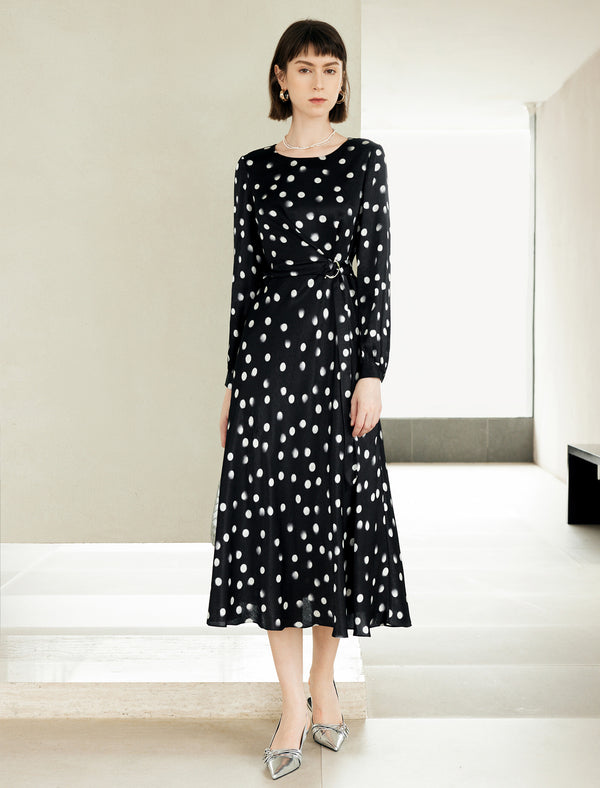 Black Polka Dot Long Sleeve Midi Dress