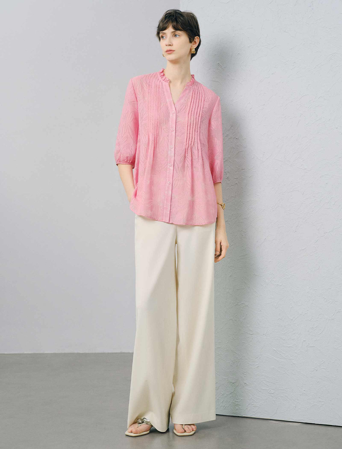 Pink Floral Jacquard Ruffle Neck Blouse