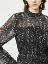 Black Speckled Print Ruffle Neck Long Sleeve Tiered Midi Dress