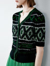 Retro Geo Jacquard Knit Short‑Sleeve Cardigan