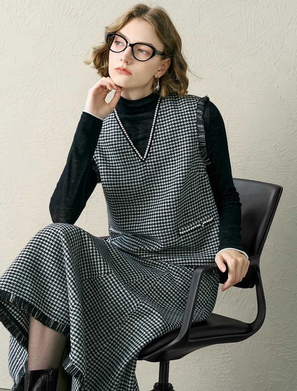 Houndstooth Wool-Blend Sleeveless Vest