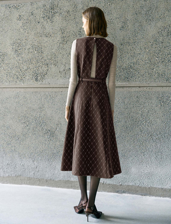 Brown Plaid V-Neck Belted Sleeveless Midi Dress