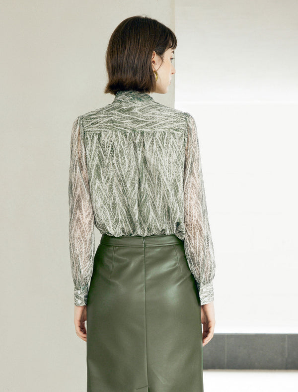 Vintage Tie-Waist Printed Long-Sleeve Blouse