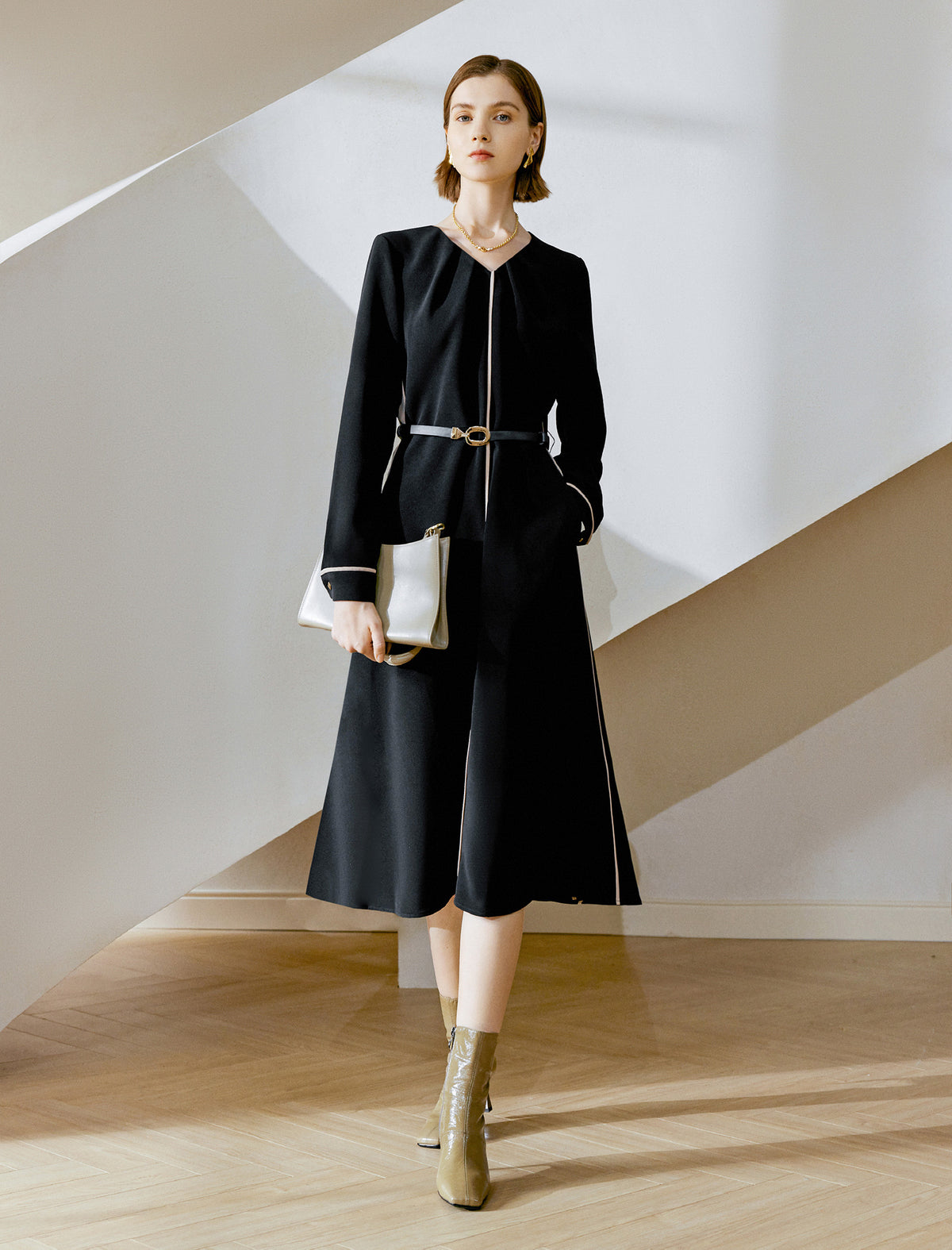 V-Neck Long Sleeve Belted Streamlined Midi Dress