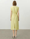 Stand Collar Sleeveless Belted Tencel Linen Midi Dress
