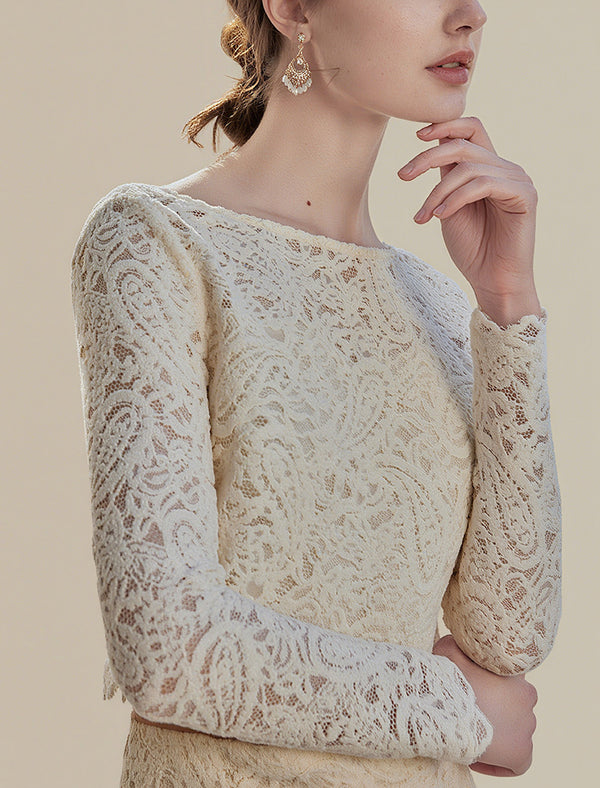 Cream Lace Cropped Long Sleeve Top
