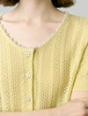Pale Yellow Tencel Pearl Trim Knit Cardigan