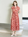 Rust Red Tie-Dye Floral Print Button-Down Midi Shirt Dress