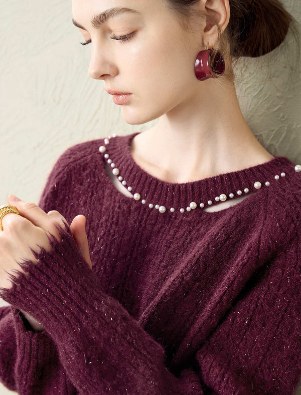 Burgundy Wool-Blend Cutout Neck Sweater
