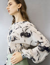 Abstract Floral Print Boat Neck Blouse