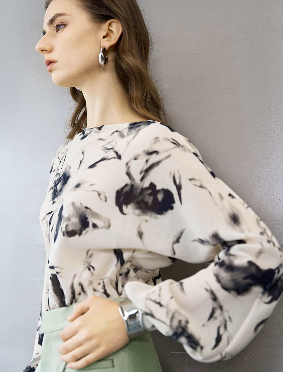Abstract Floral Print Boat Neck Blouse