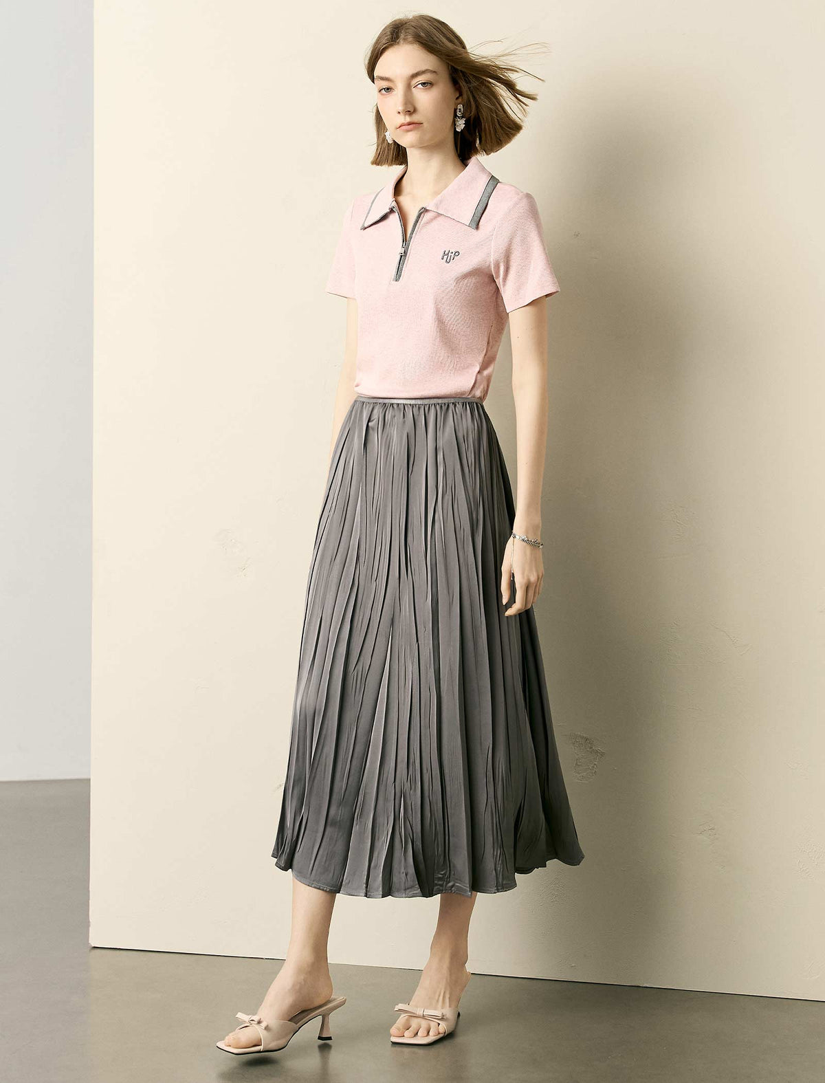 Pink Ribbed Half-Zip Polo Knit Top