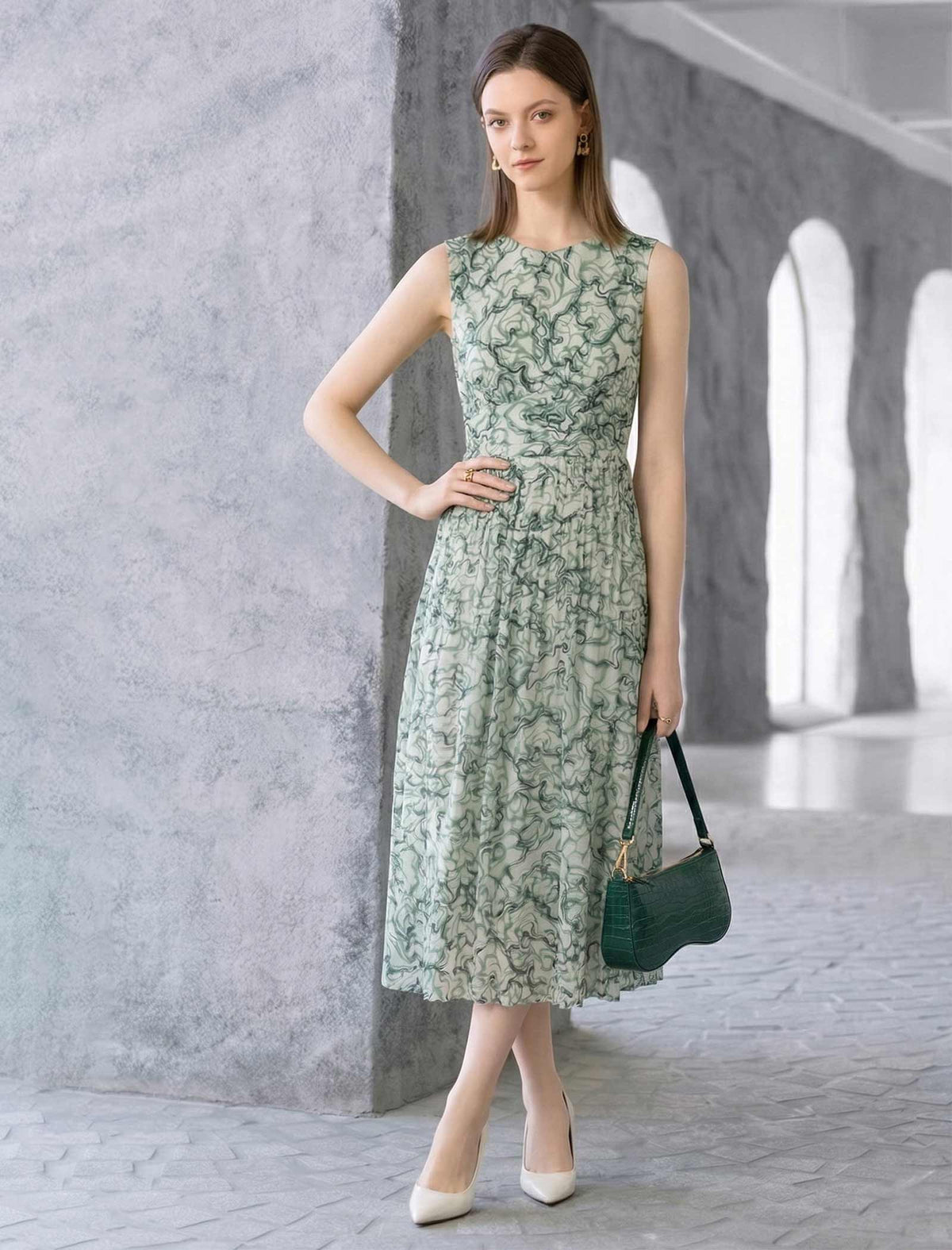 Sage Green Abstract Print Sleeveless Midi Dress