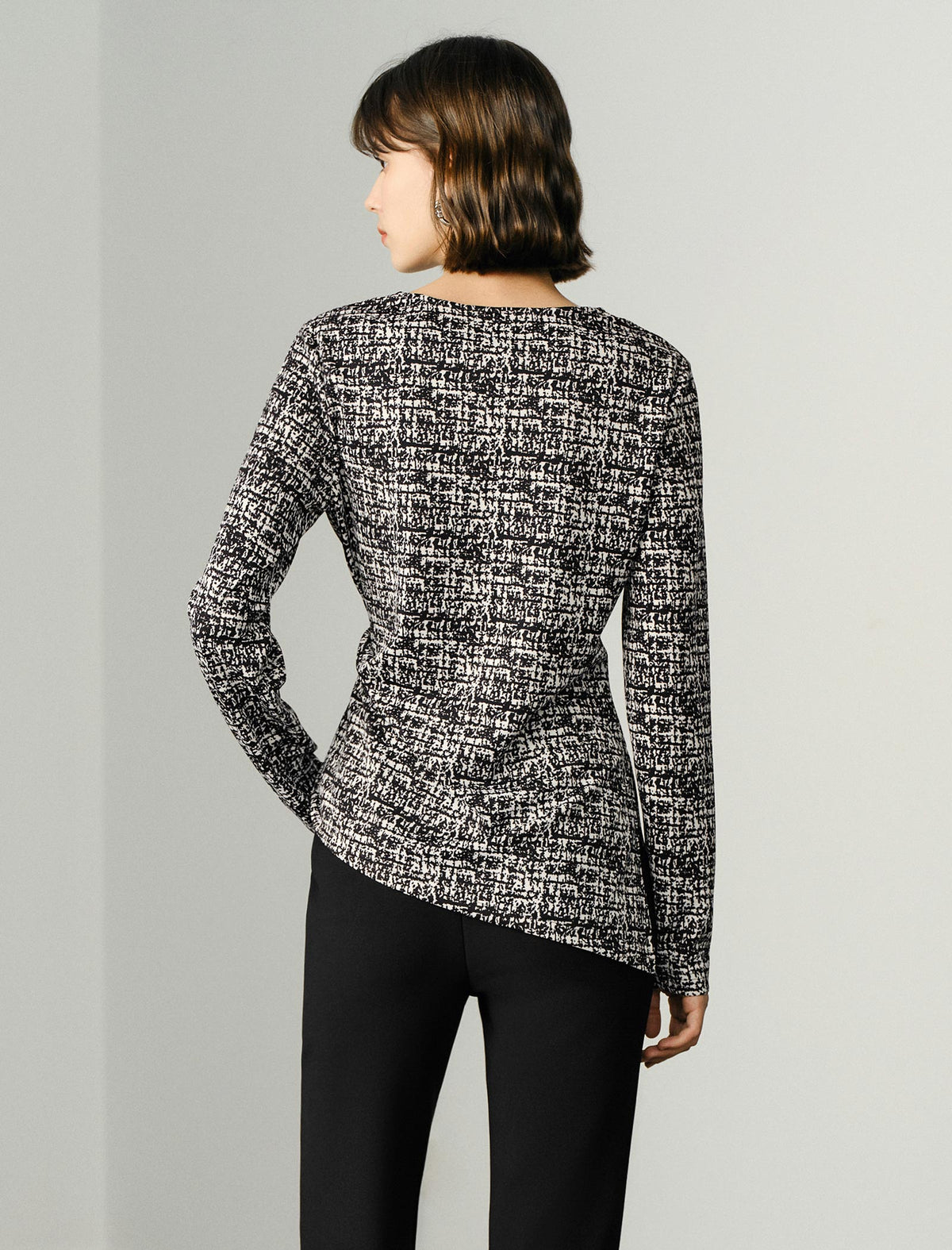 Ink-Print Round Neck Waist-Defining Long-Sleeve Blouse