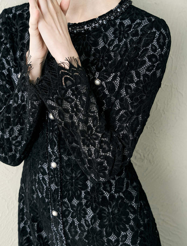 Black Lace Button Detail Midi Dress