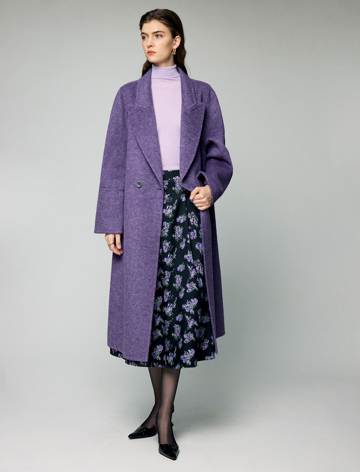 Wool Blend Notched-Lapel Double-Breasted Relaxed Long Coat