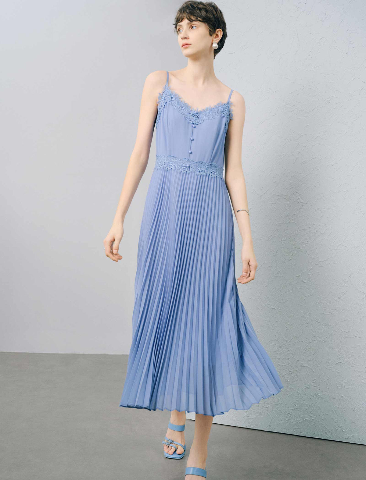 Light Blue Lace-Trimmed Pleated Cami Midi Dress