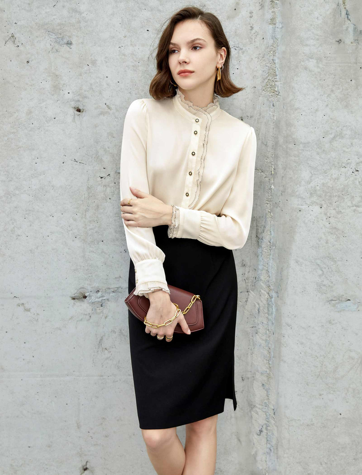 Lace Trim Mandarin Collar Blouse